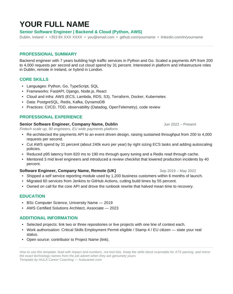 Preview of the Tech CV Template (Software, Data, IT) page one, Irish CV format