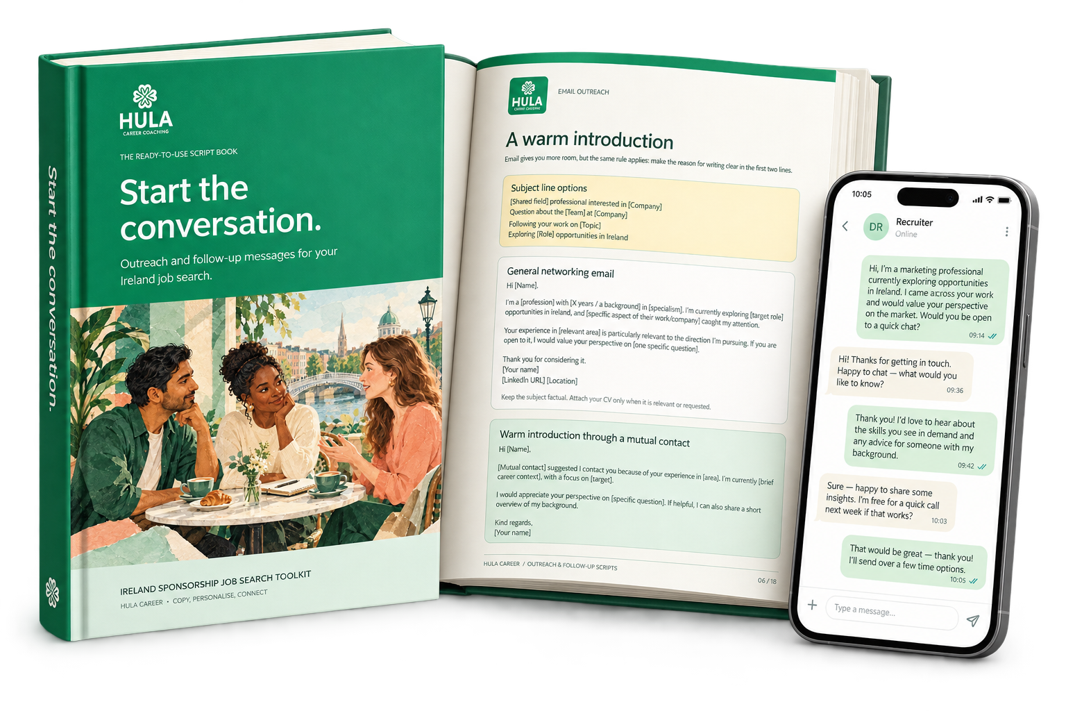 Ireland job-search outreach scripts shown as a book, open guide and recruiter conversation on a phone