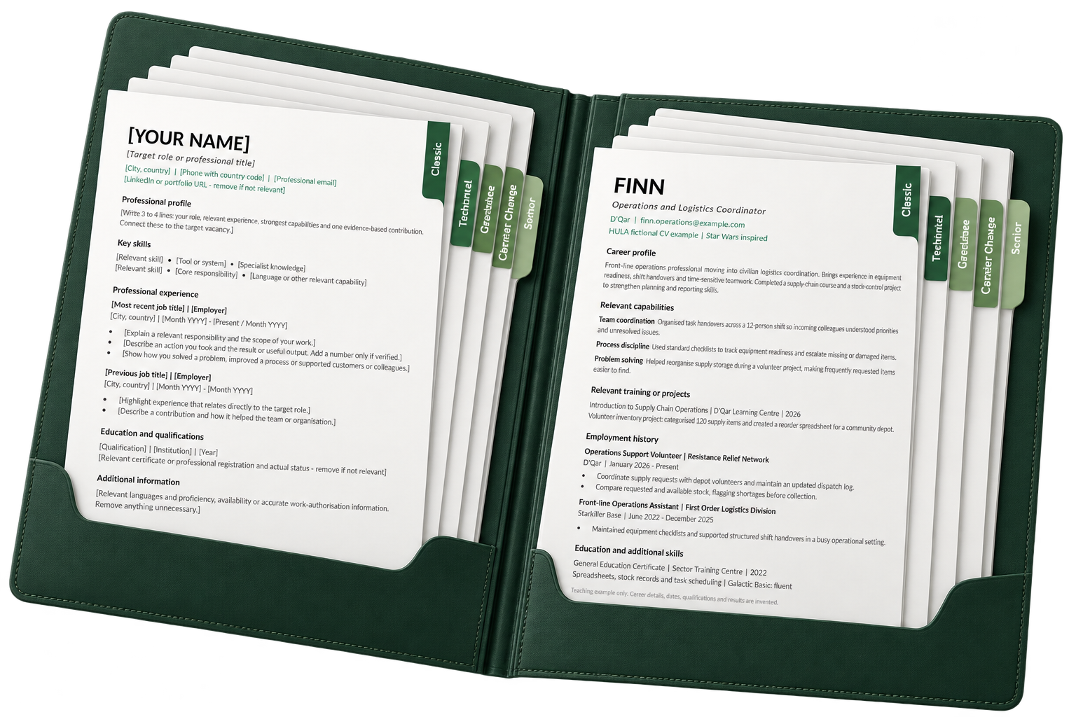 Five editable CV templates and five completed fictional examples in a professional document folder