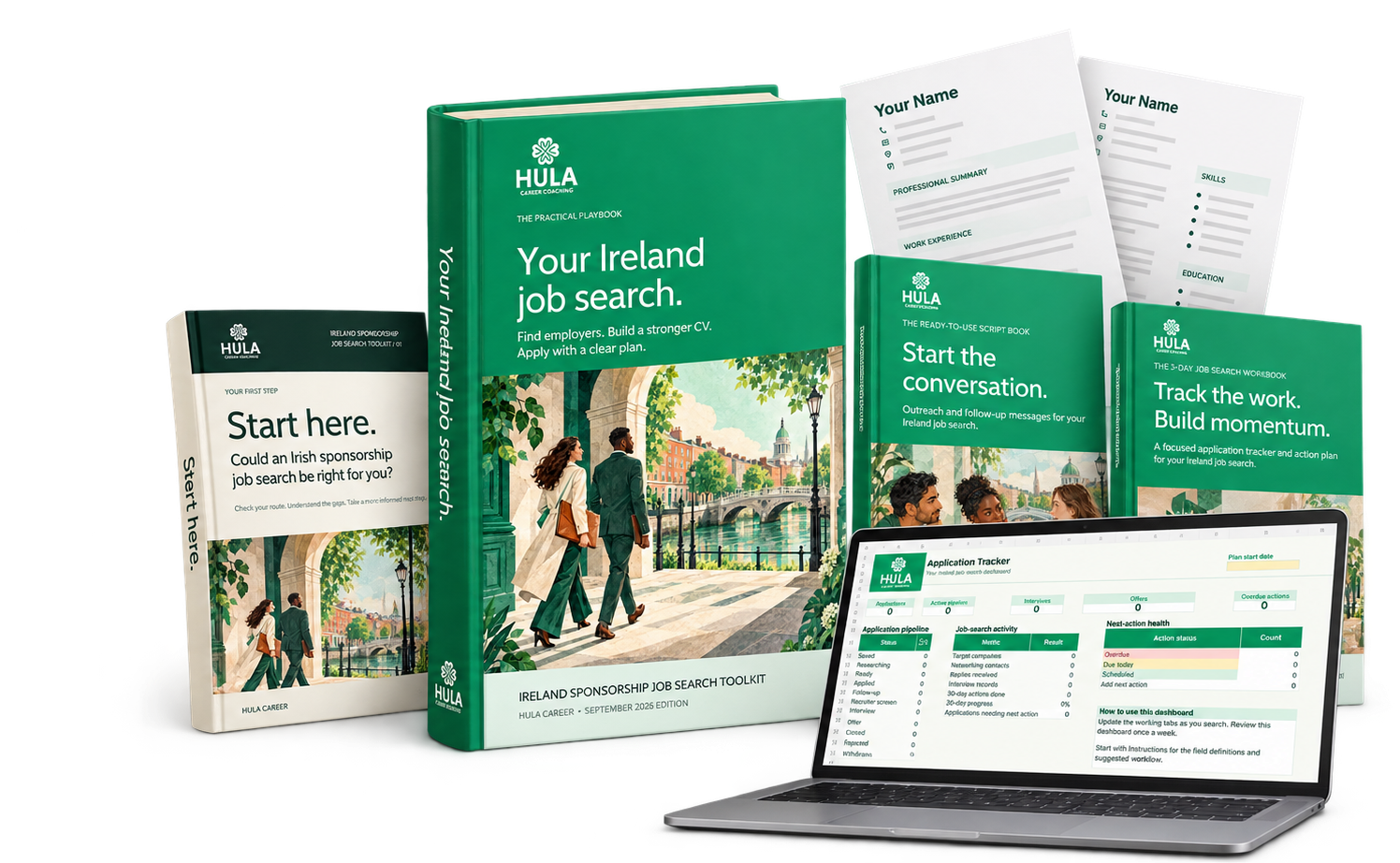 Ireland Sponsor Success Kit with the job-search guide, CV templates, outreach scripts, action plan and application tracker