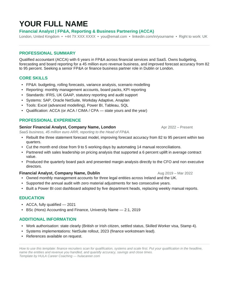 Preview of the Finance CV Template (FP&A, Accounting) page one, Irish CV format
