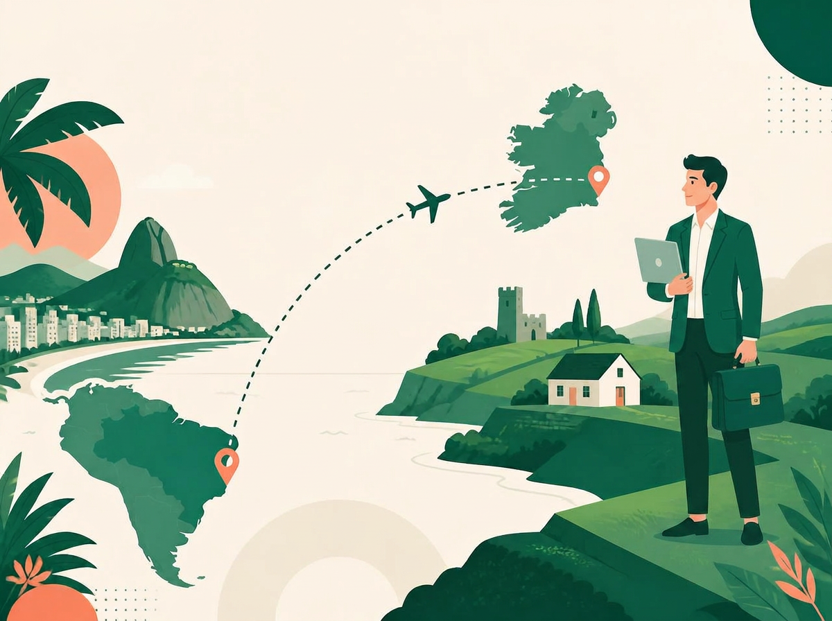 Illustration of a professional moving from Brazil to Ireland for a software engineering role