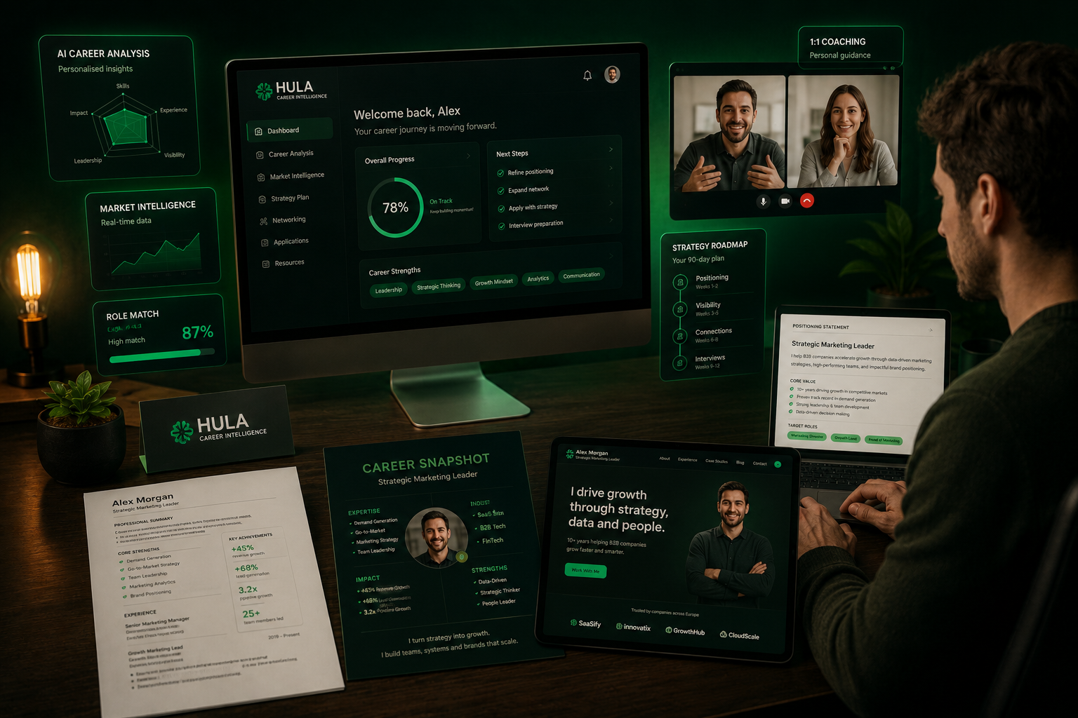HULA Career Intelligence workspace with AI tools and analytics