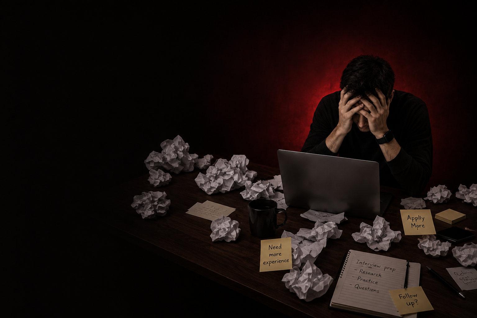Frustrated job seeker overwhelmed at laptop