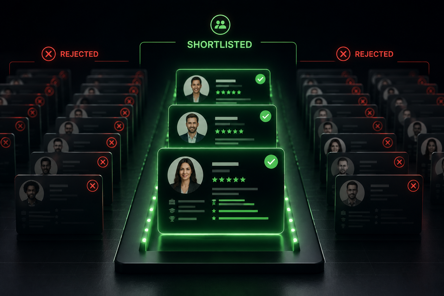 Grid of candidate profiles with one highlighted in green